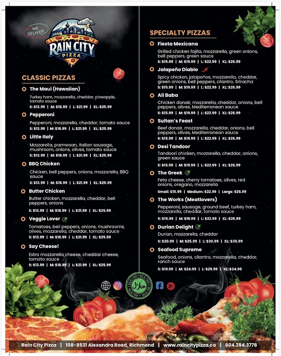 Menu, RAIN CITY PIZZA