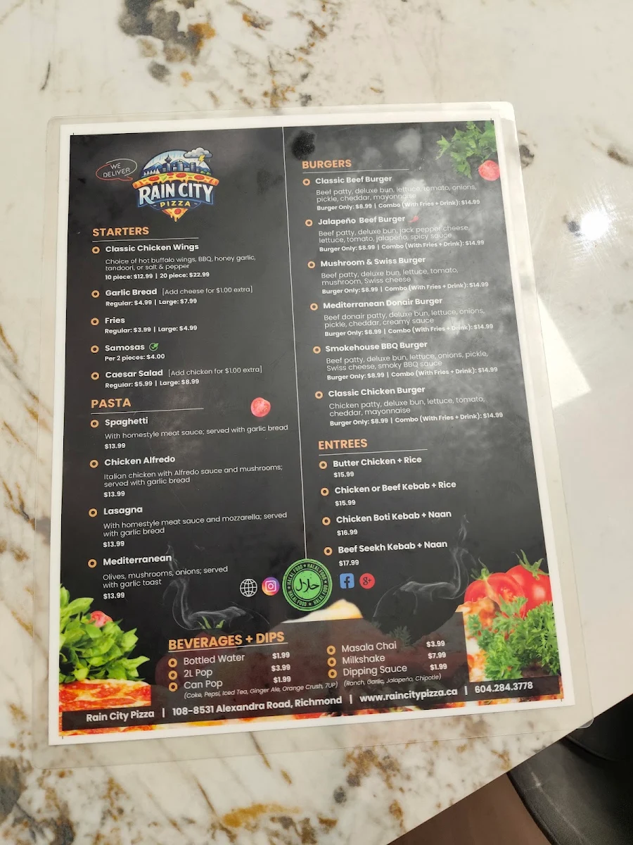 Menu, RAIN CITY PIZZA