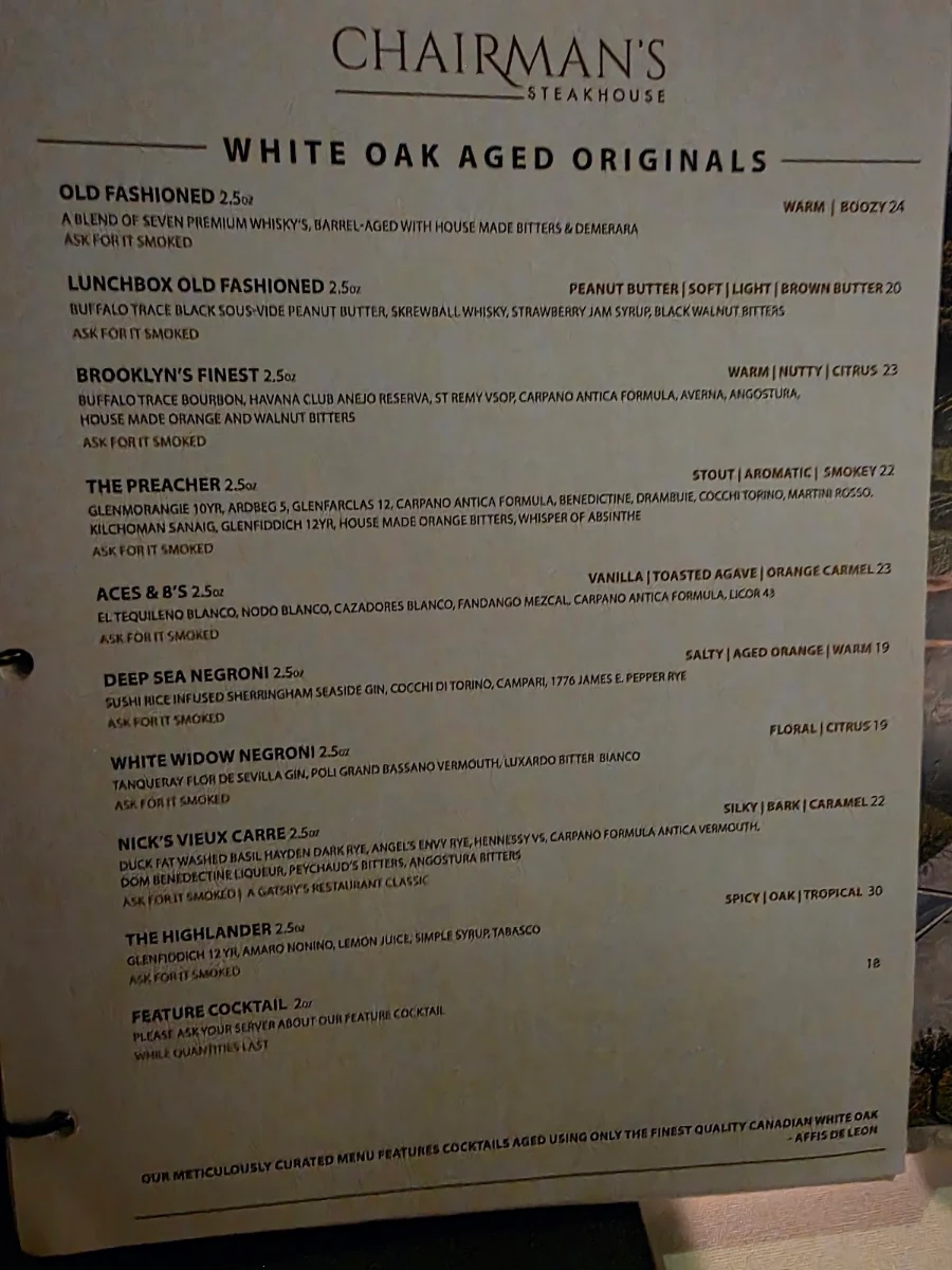 Menu, Chairman's Steakhouse