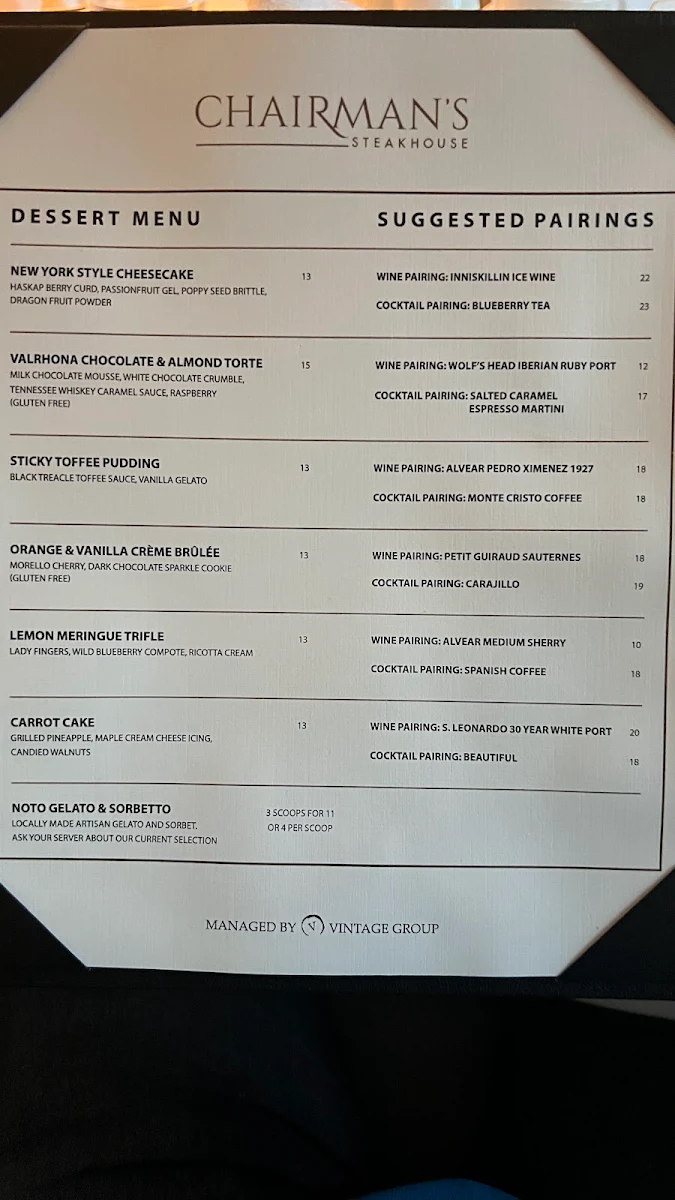 Menu, Chairman's Steakhouse