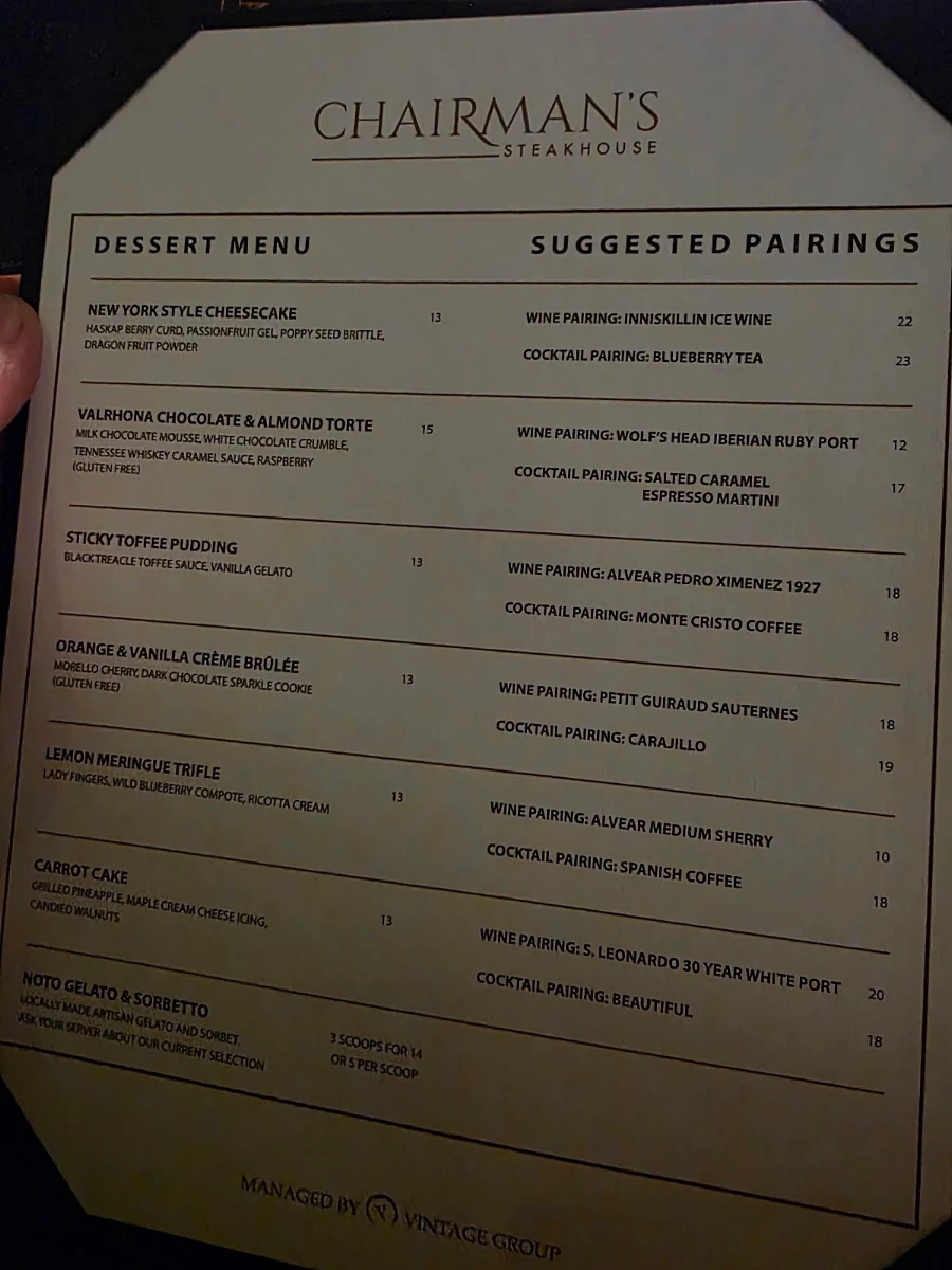 Menu, Chairman's Steakhouse