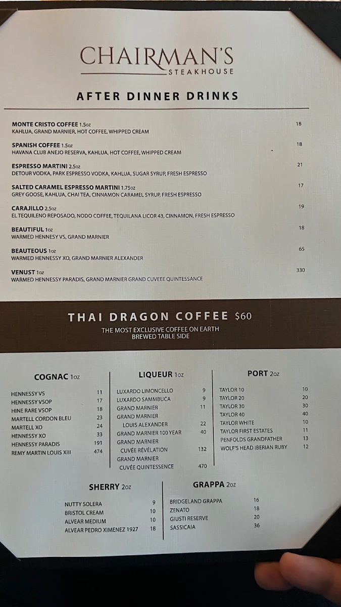 Menu, Chairman's Steakhouse