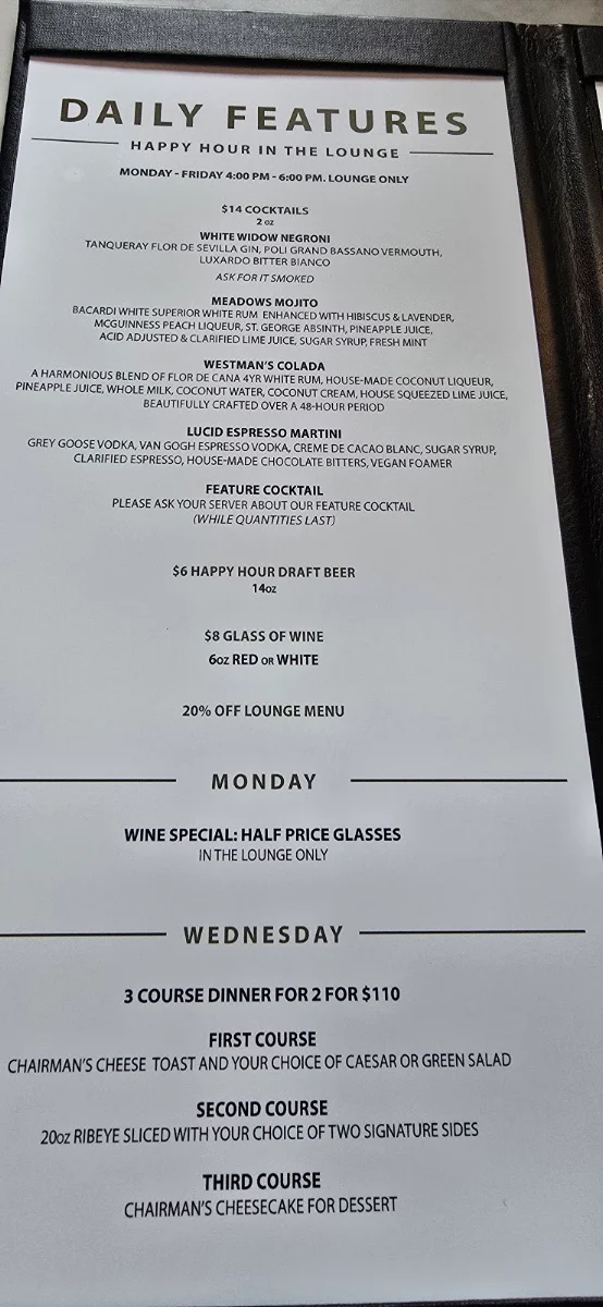 Menu, Chairman's Steakhouse