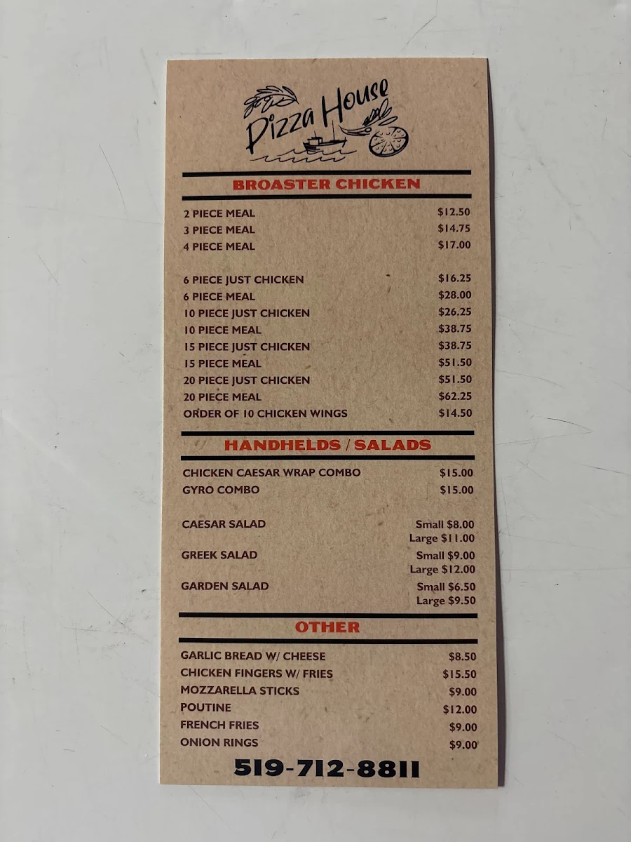 Menu, Pizza House