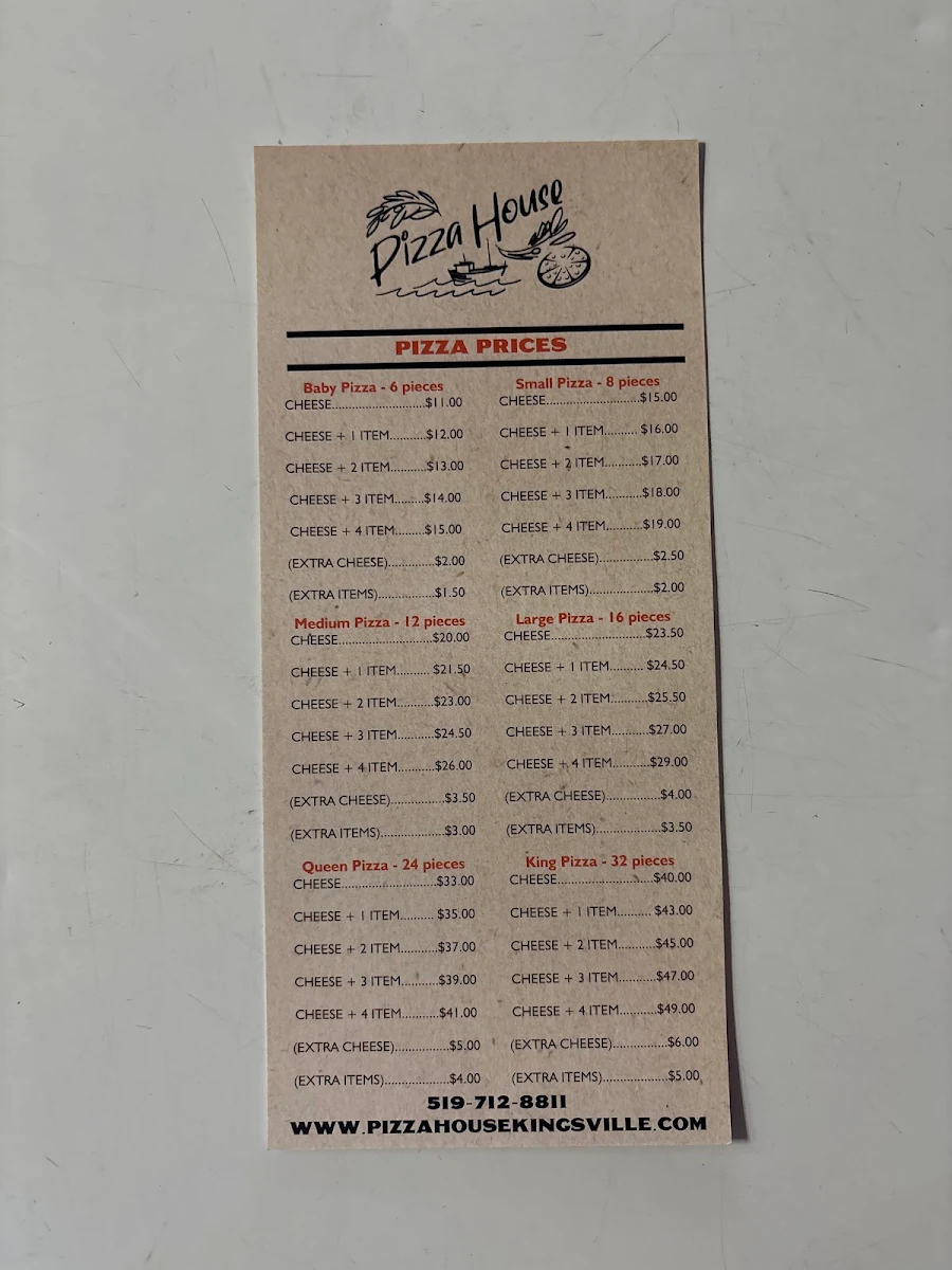Menu, Pizza House
