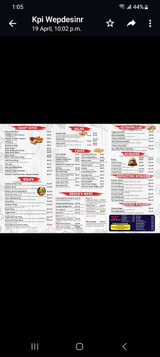 Menu, Universal wings & burgers
