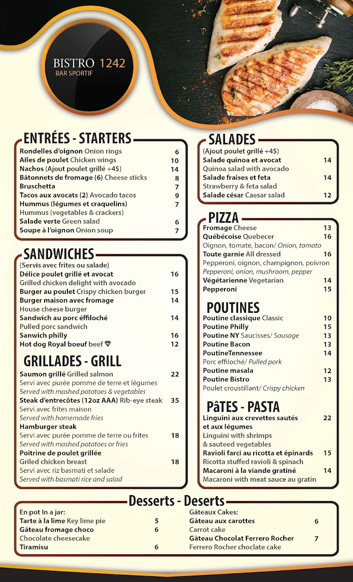 Menu, Bistro 1242 Bar Sportif