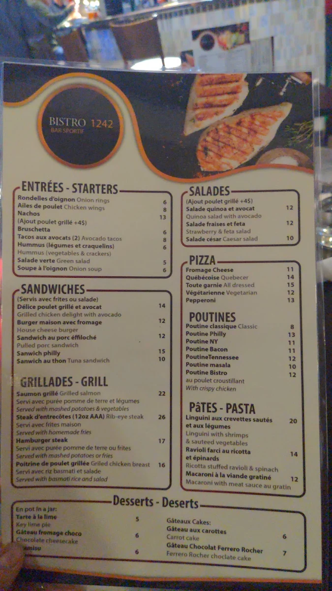 Menu, Bistro 1242 Bar Sportif
