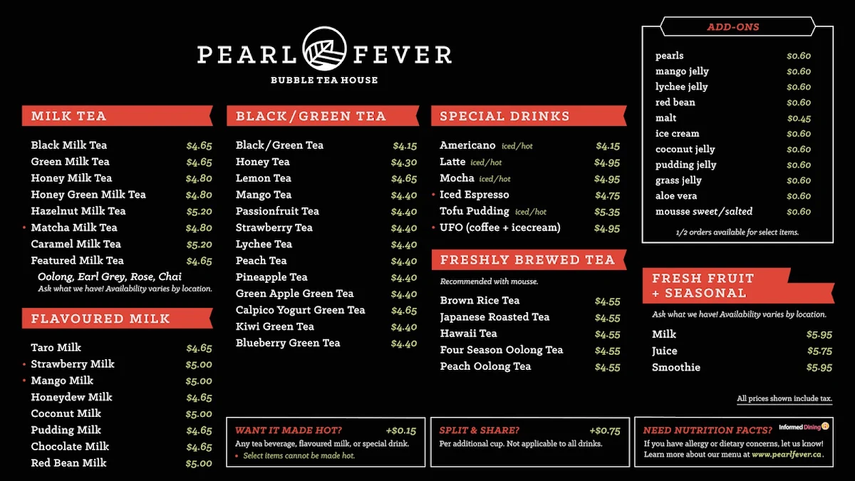 Menu, Pearl Fever Tea House