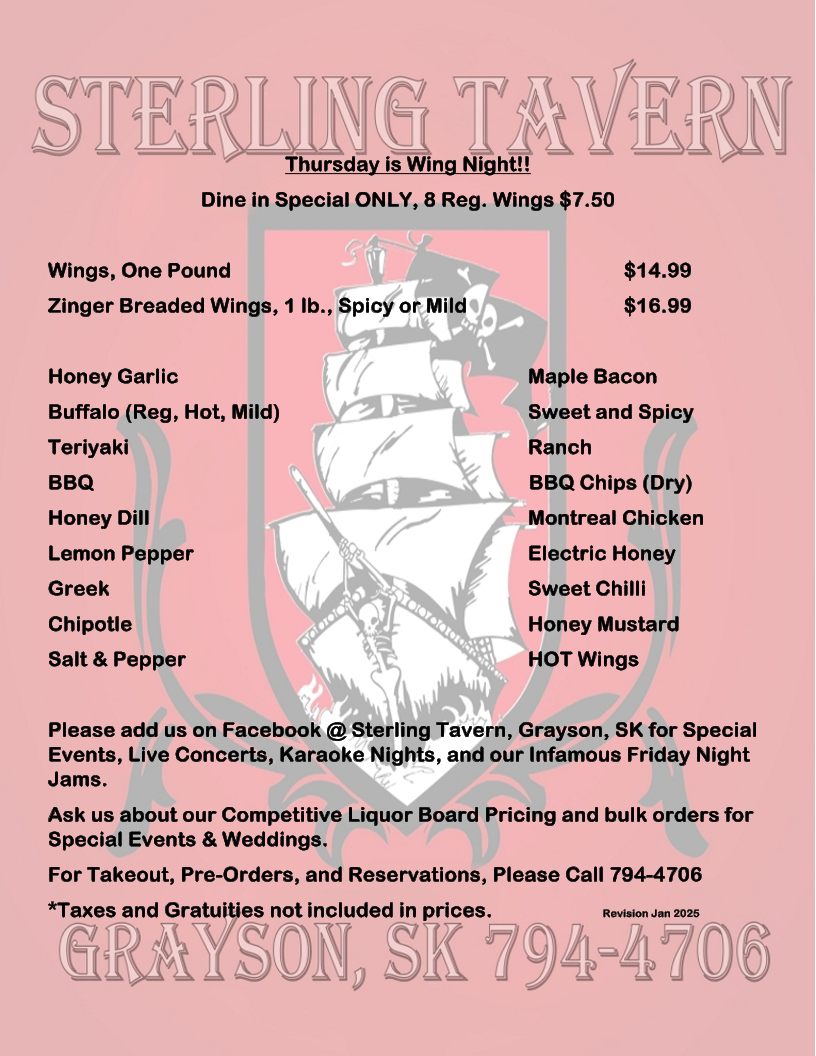Menu, Sterling Tavern