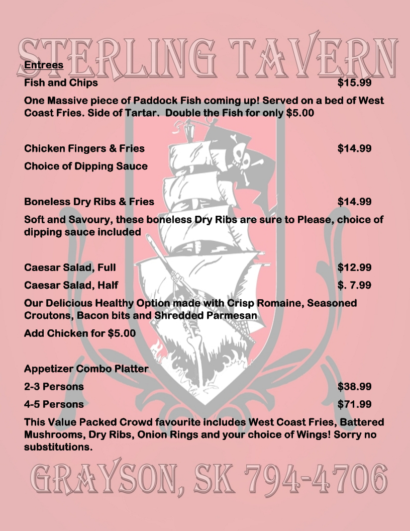 Menu, Sterling Tavern