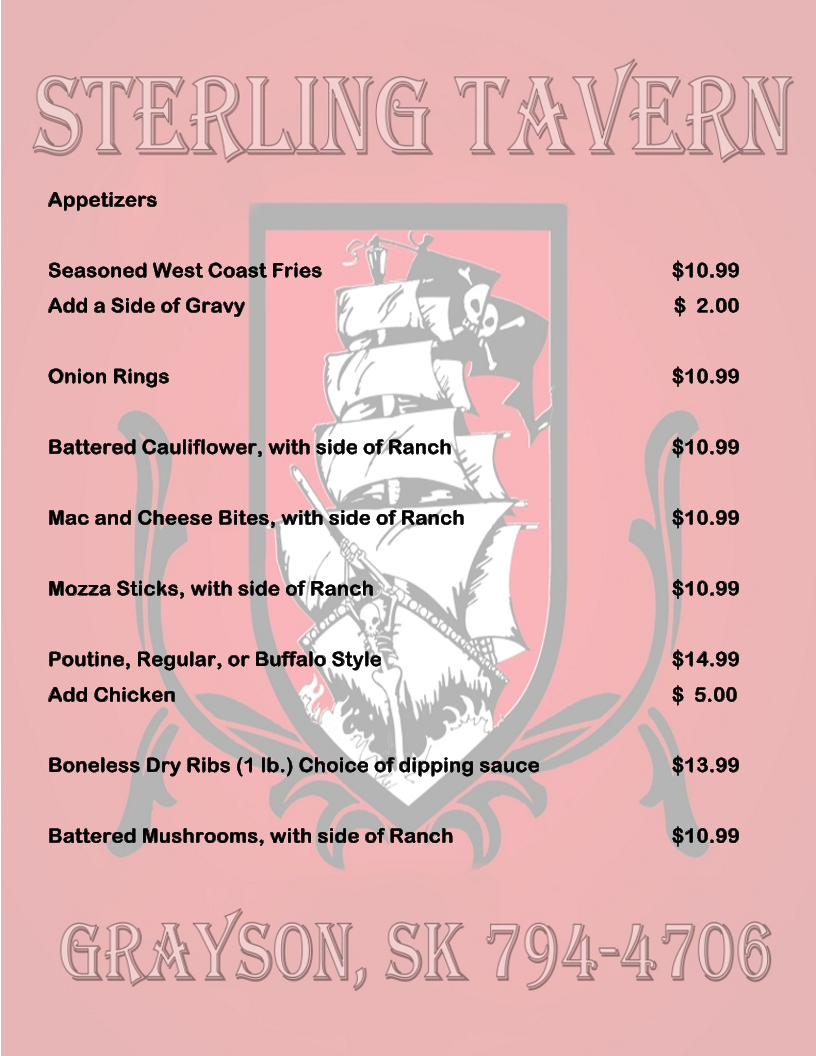Menu, Sterling Tavern