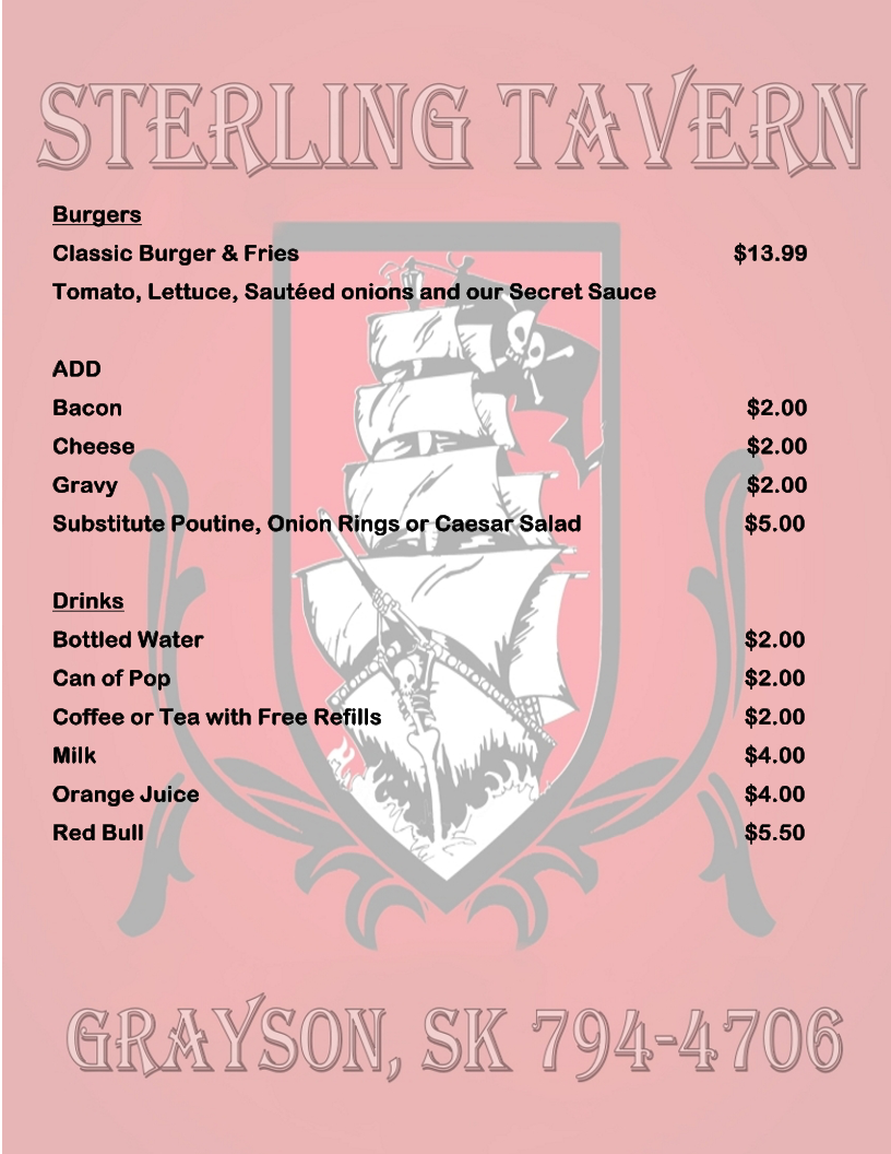 Menu, Sterling Tavern
