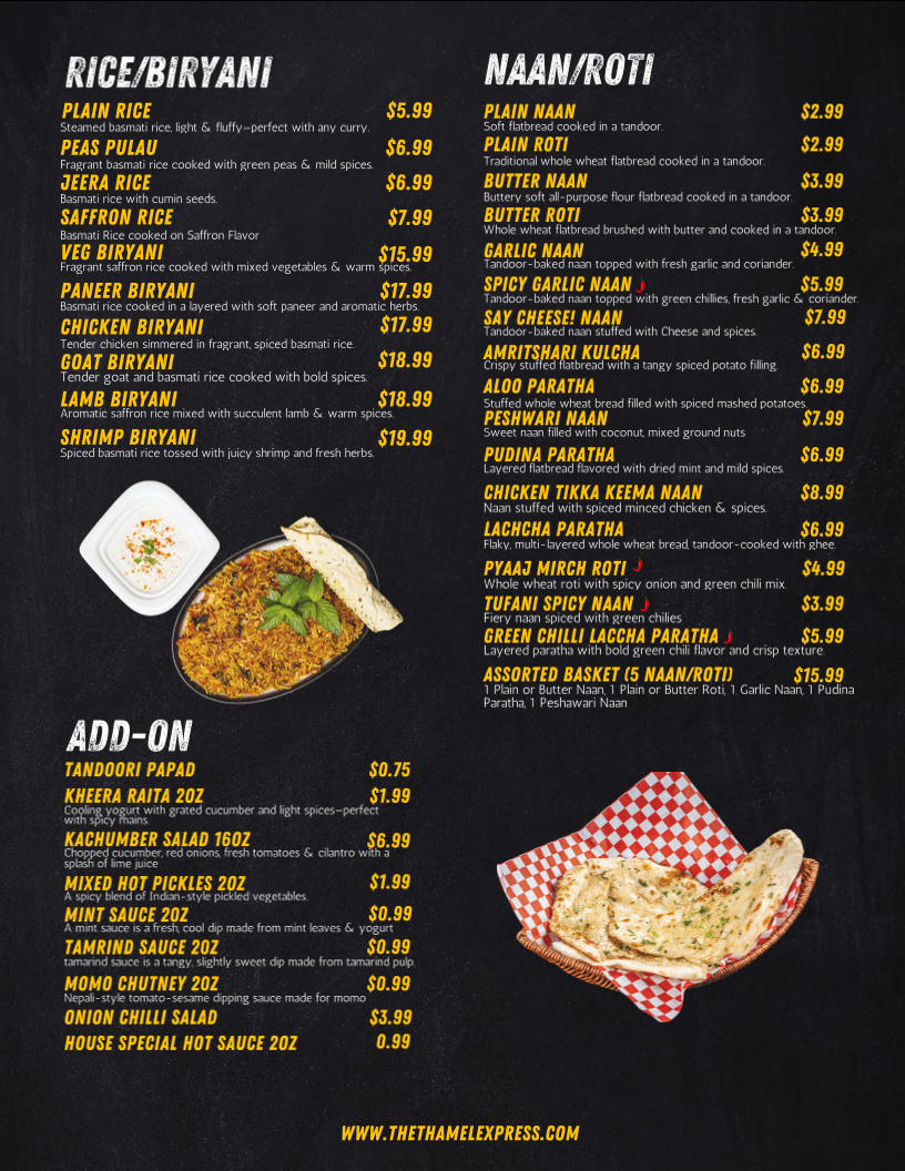 Menu, The Thamel Express - Indian & Hakka Cuisine