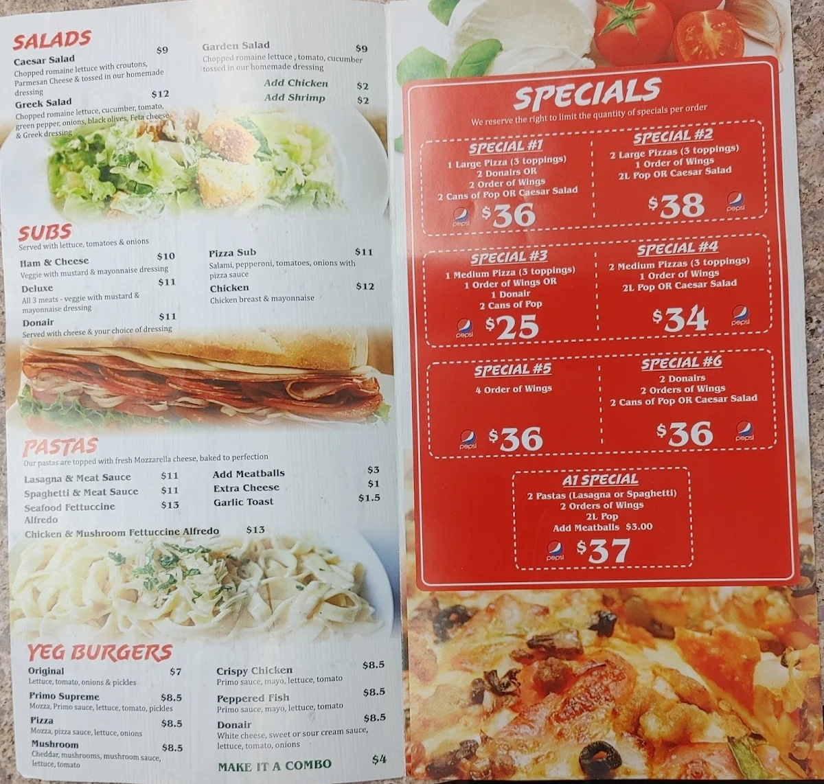 Menu, Primo Pizza & Donair