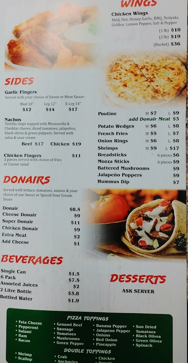 Menu, Primo Pizza & Donair