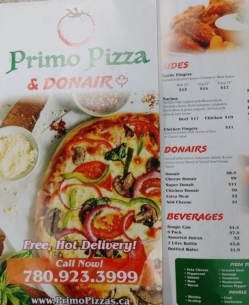 Menu, Primo Pizza & Donair