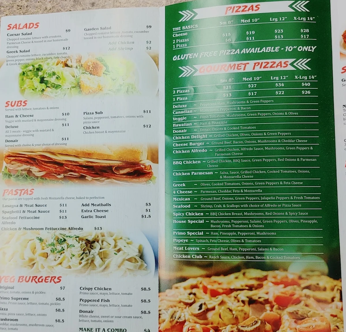 Menu, Primo Pizza & Donair