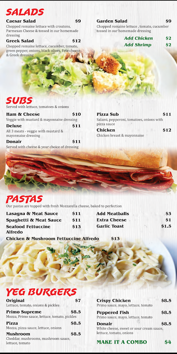 Menu, Primo Pizza & Donair