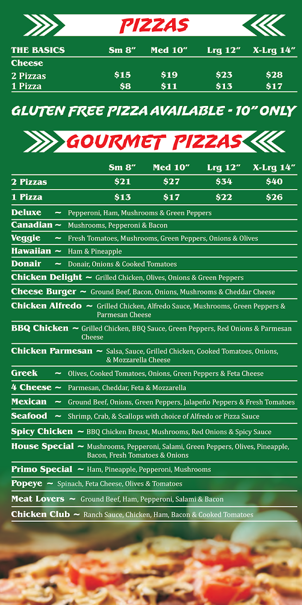Menu, Primo Pizza & Donair