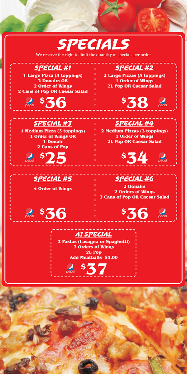Menu, Primo Pizza & Donair