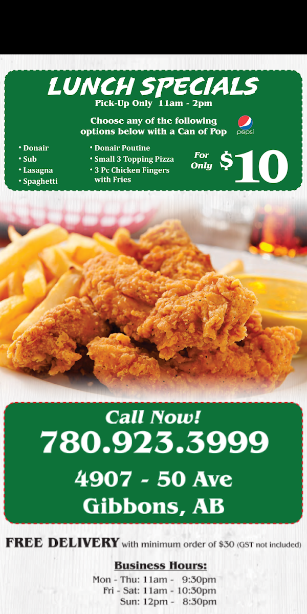 Menu, Primo Pizza & Donair