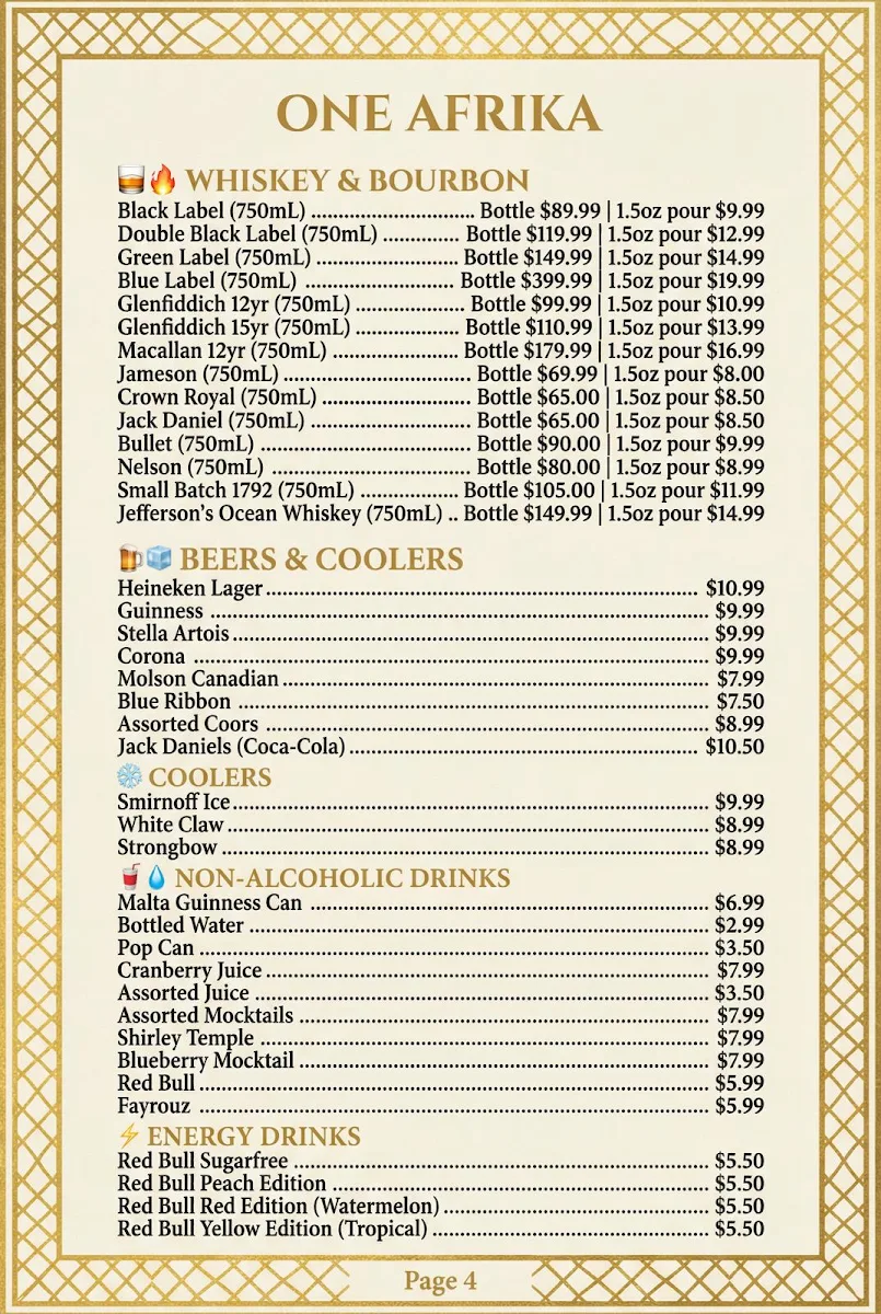 Menu, One Afrika Restaurant, Lounge & Supper Club