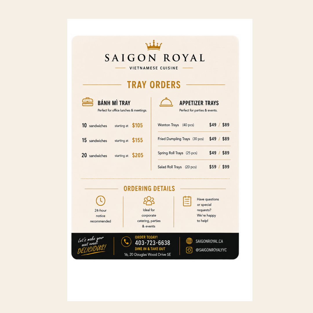 Menu, Saigon Royal Restaurant