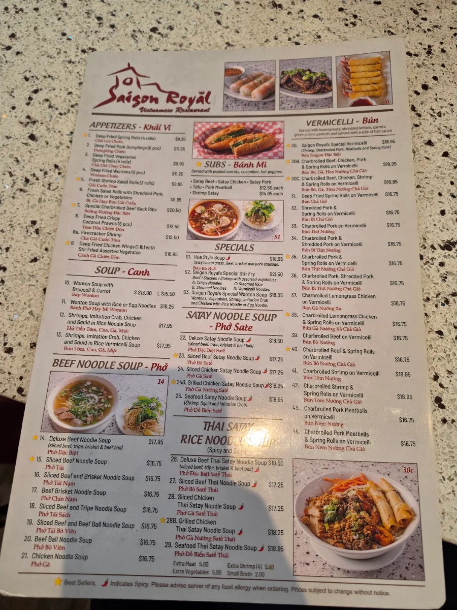Menu, Saigon Royal Restaurant