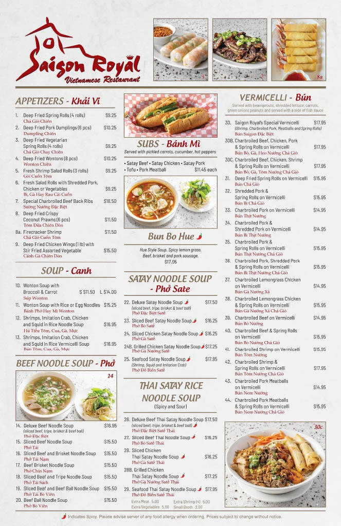 Menu, Saigon Royal Restaurant