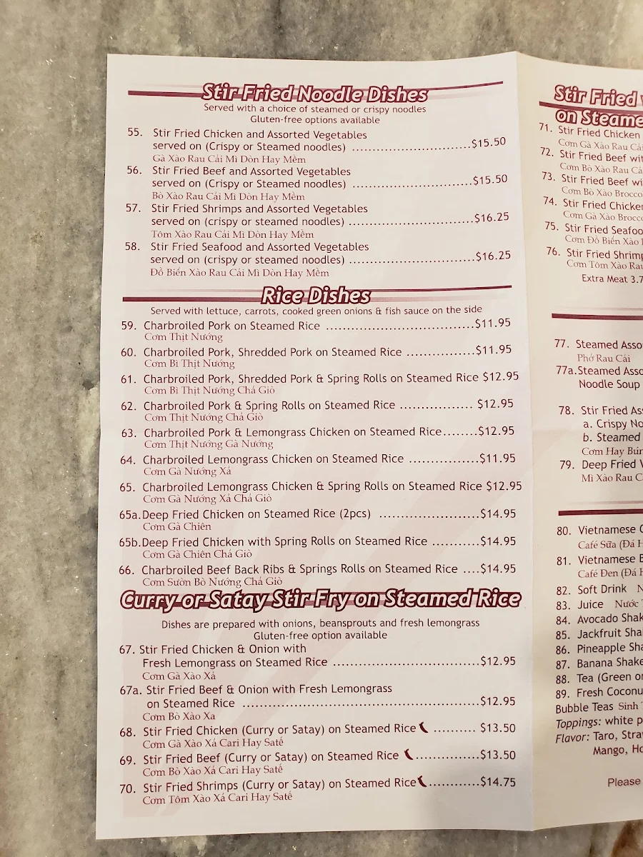 Menu, Saigon Royal Restaurant