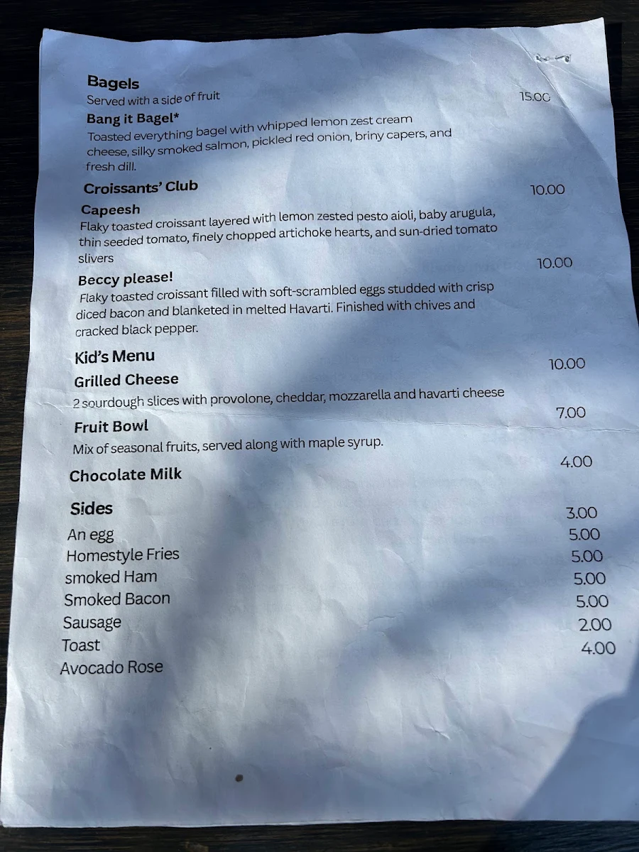 Menu, Bobby's Breakfast Cafe & Bar