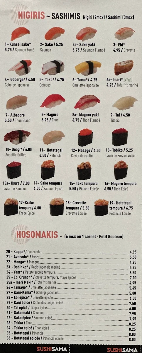 Menu, Sushi Sama (La Prairie)
