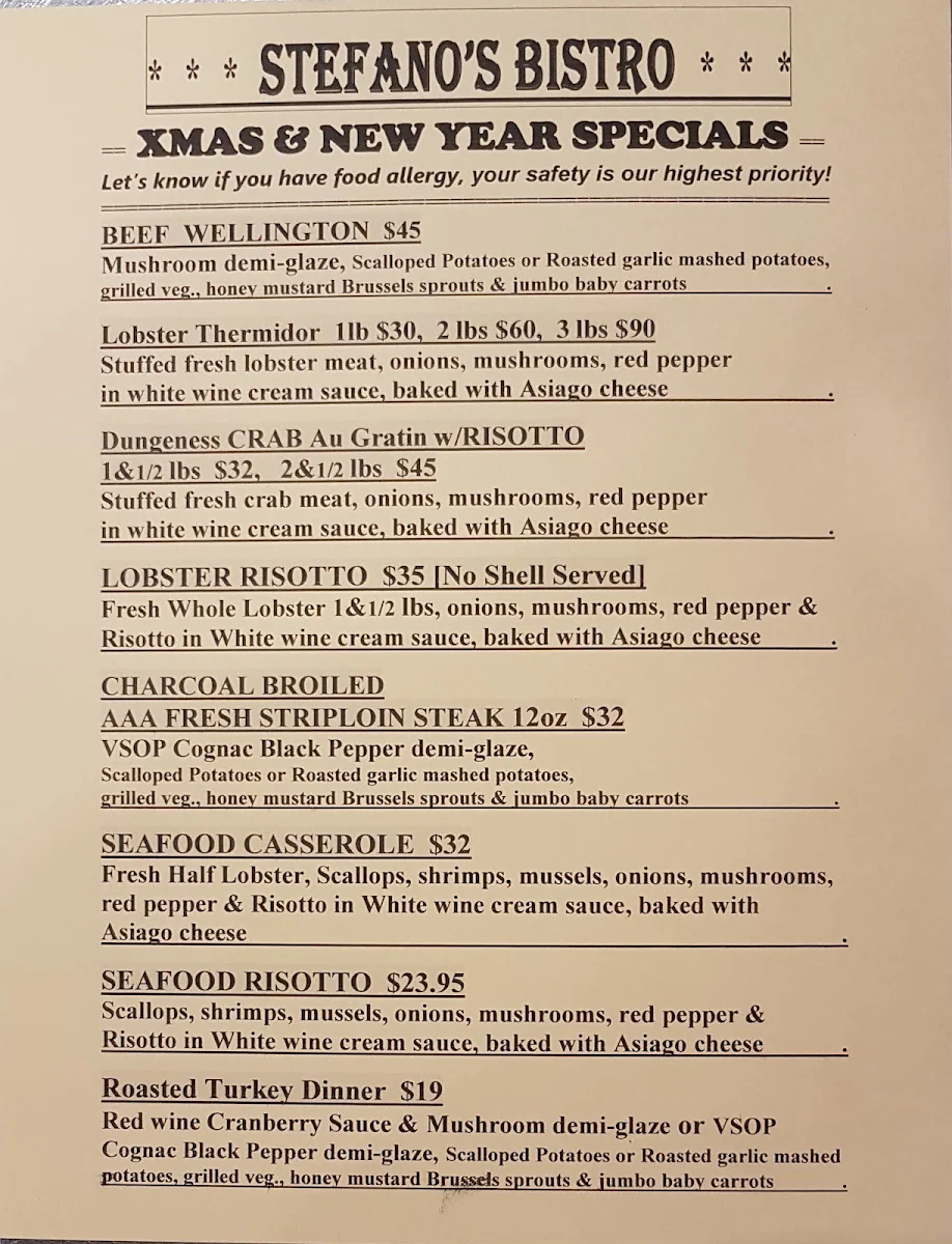 Menu, Stefano's Bistro