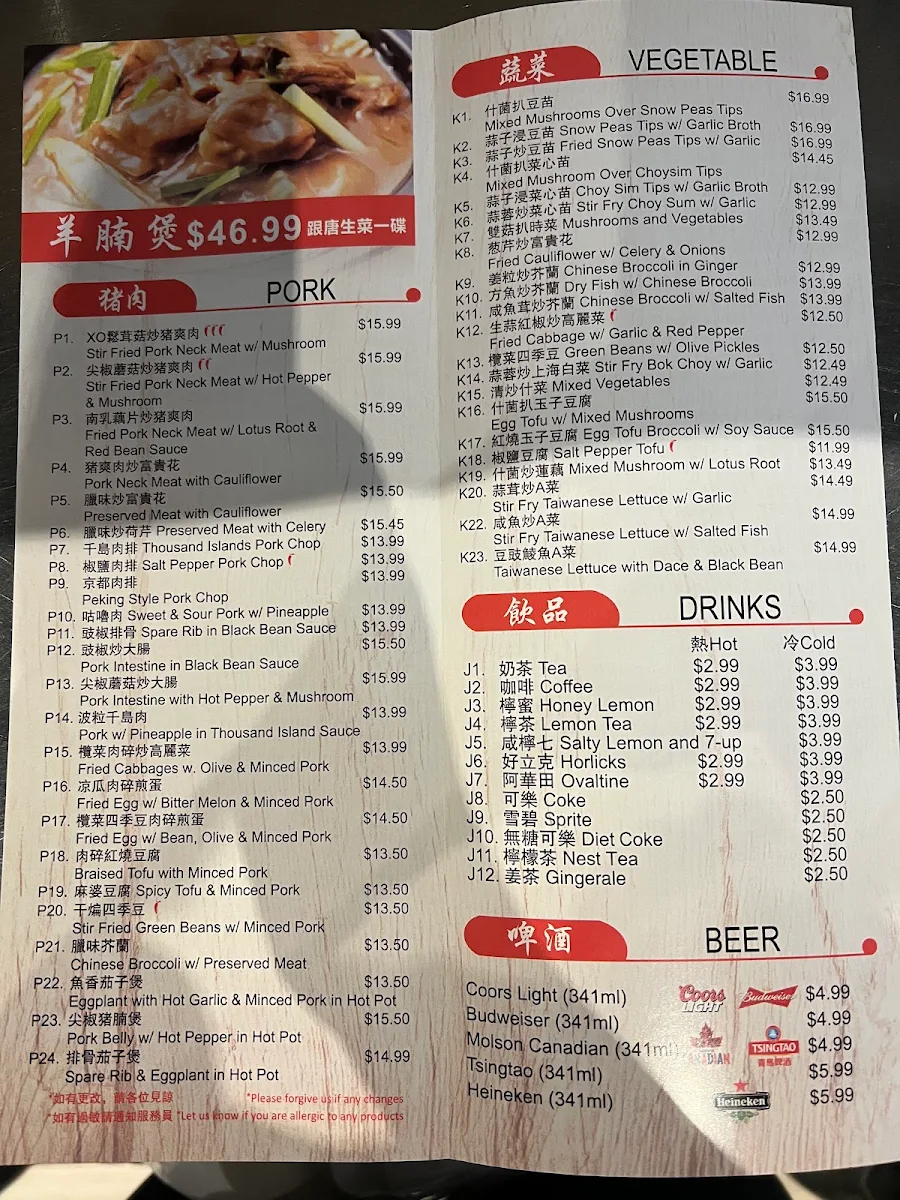 Menu, New Fusion Chinese Restaurant