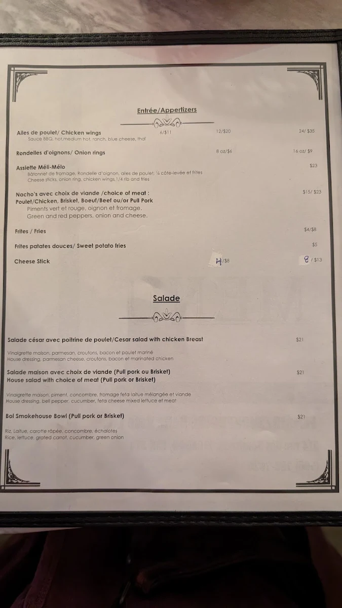 Menu, Fumoir Nigadoo / Nigadoo Smokehouse