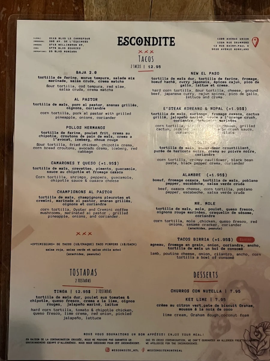 Menu, Escondite Union