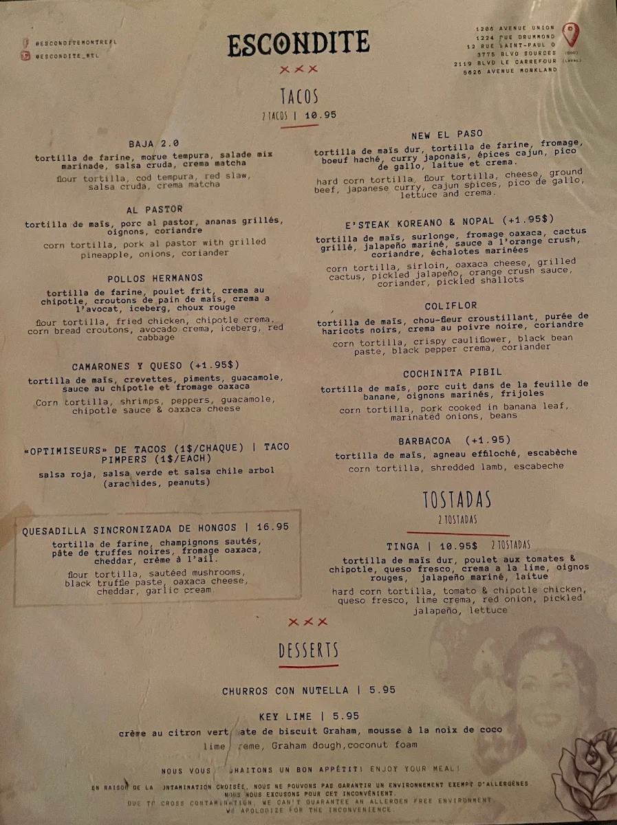 Menu, Escondite Union