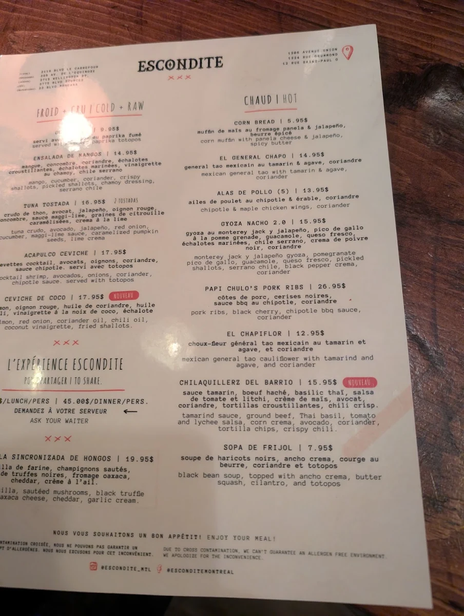 Menu, Escondite Union