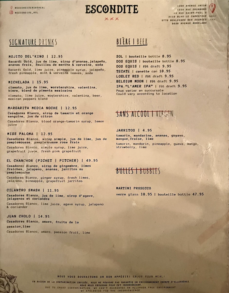 Menu, Escondite Union