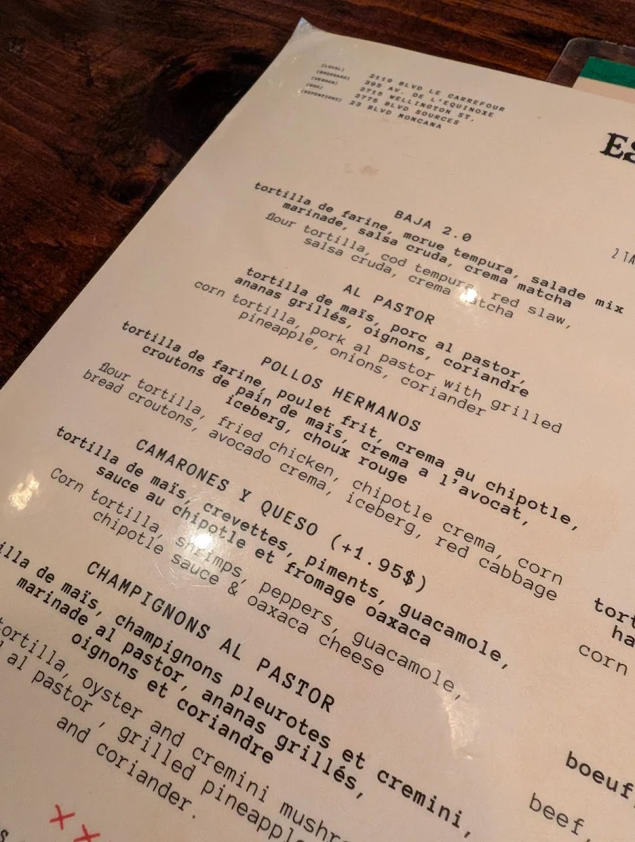 Menu, Escondite Union