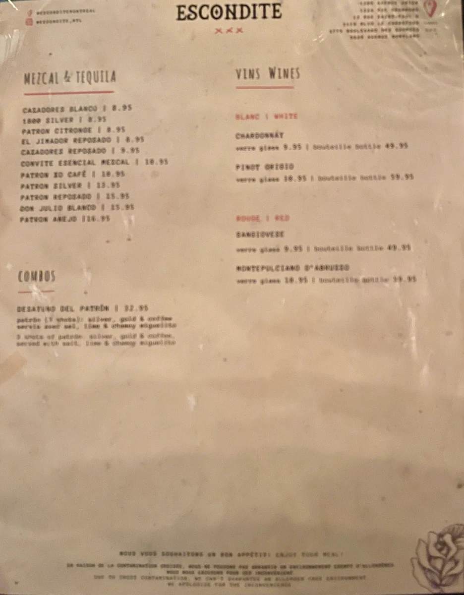 Menu, Escondite Union