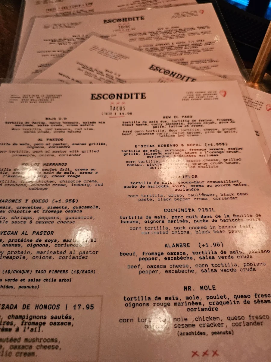 Menu, Escondite Union