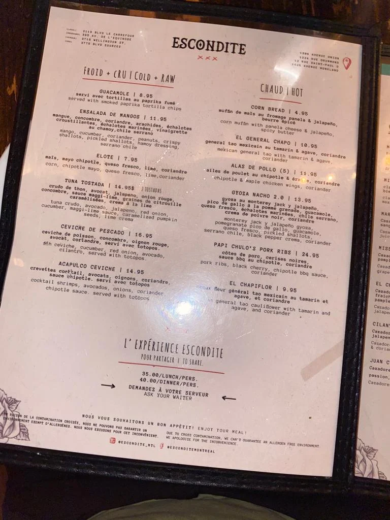 Menu, Escondite Union