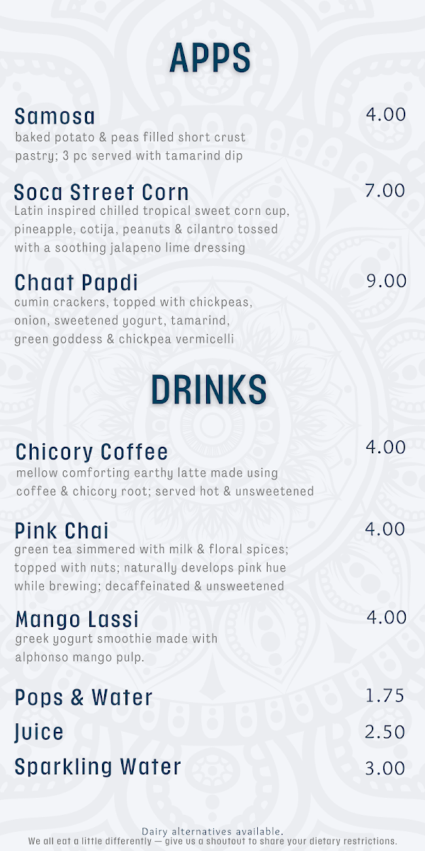Menu, Naan Culture