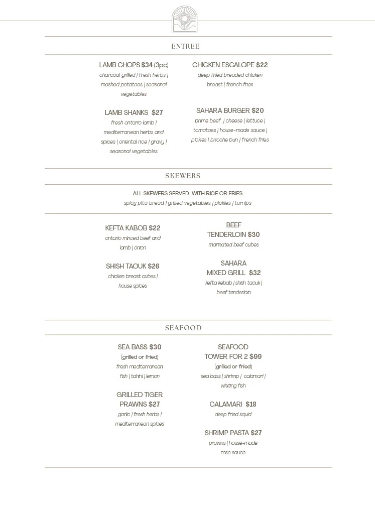 Menu, Sahara Restaurant