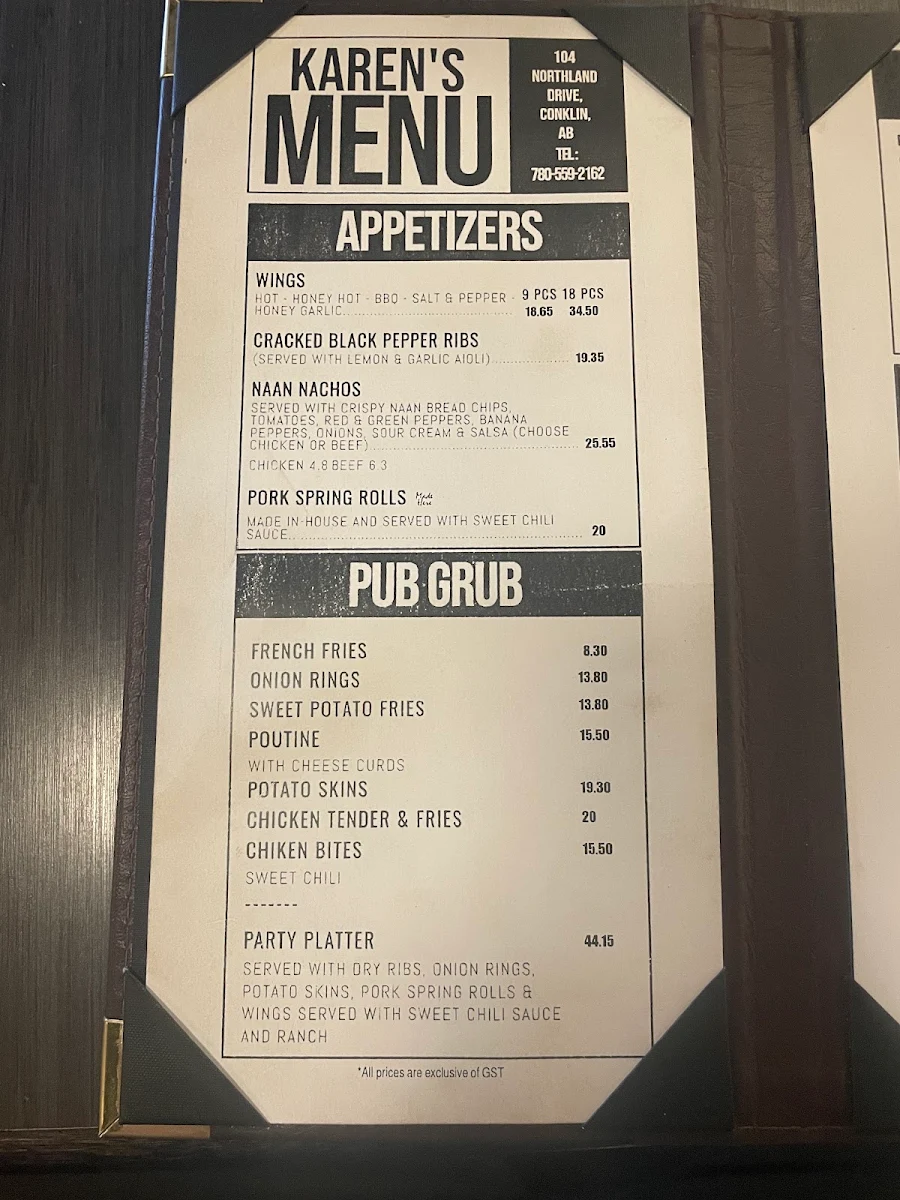 Menu, Karen's Restaurant & Lounge