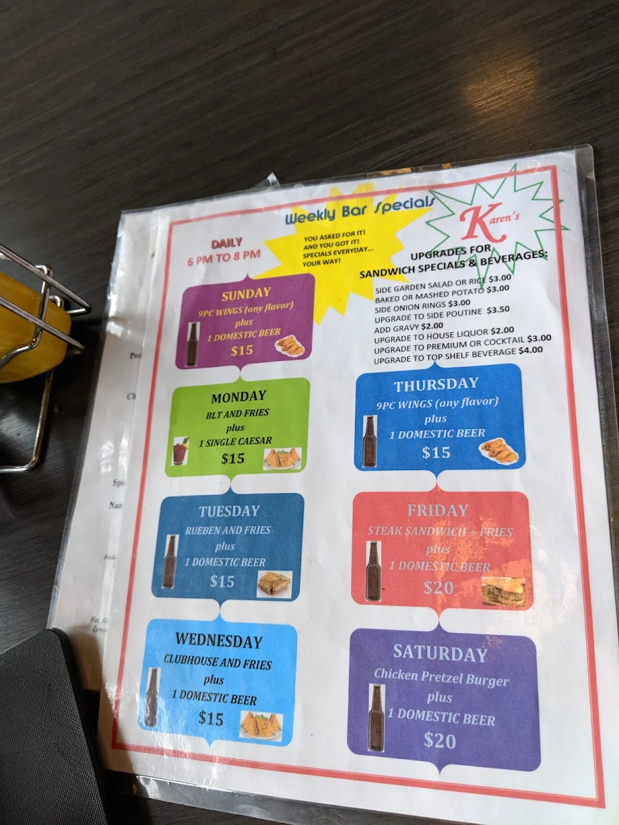 Menu, Karen's Restaurant & Lounge