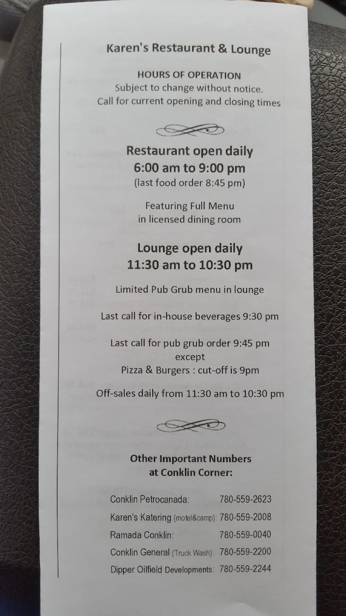 Menu, Karen's Restaurant & Lounge