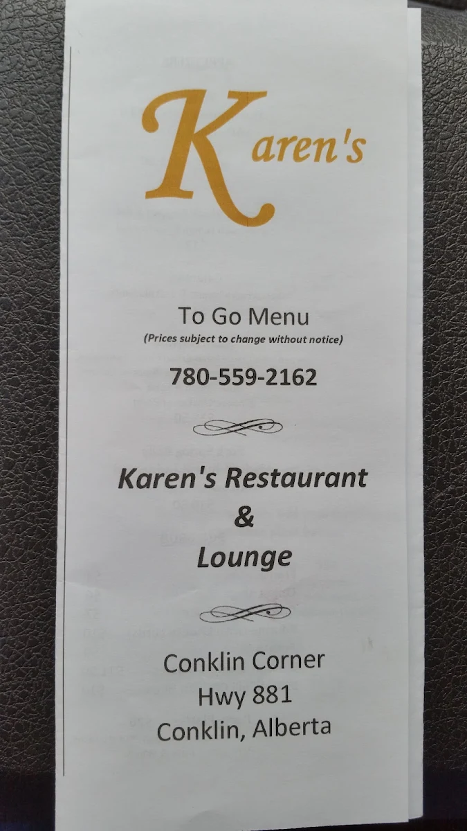 Menu, Karen's Restaurant & Lounge